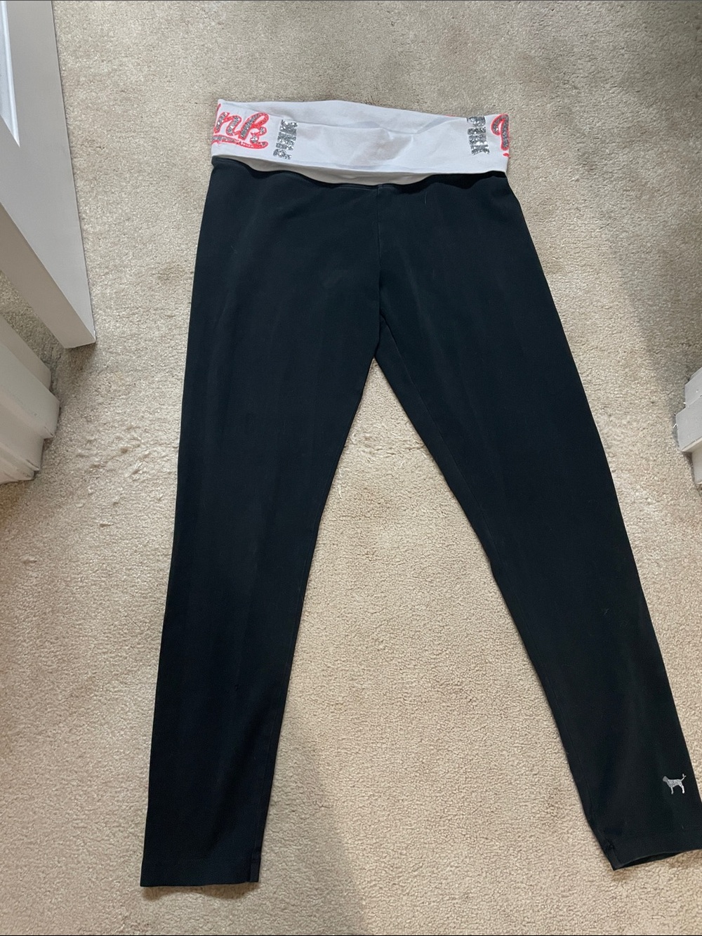 Victoria’s Secret pink sequined Black Leggings with White Foldover Waistband